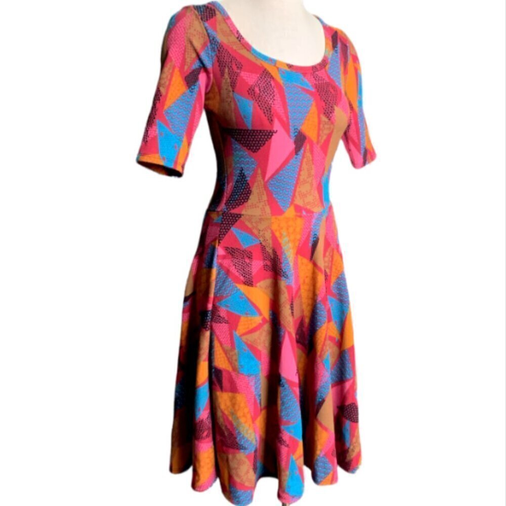 NWT Lularoe Nicole Colorful Fit-and-Flare Classic Dress Sz S Geometric Print 31E - Picture 3 of 8